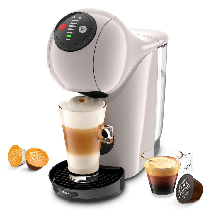 Aparat cu capsule de cafea Krups Nescafé Dolce Gusto Genio S, rezervor de apa detasabil de 0, 8 litri, bauturi calde si reci, 1500 wati, presiune pompa 15 bari, modul Eco, deosebit de compact, taupe, KP243AF0