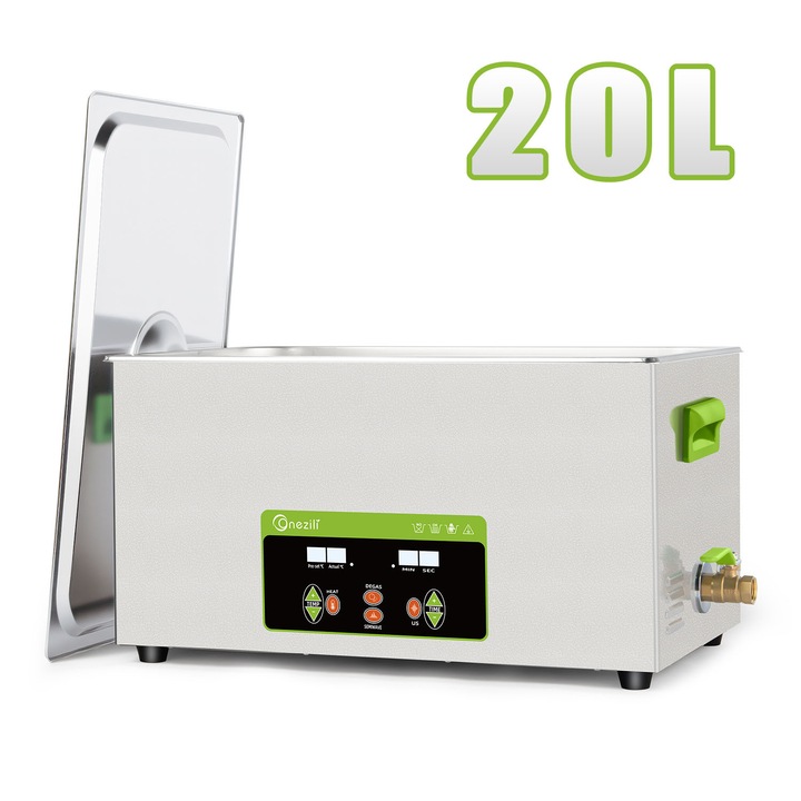 20L ONEZILI ultrahangos tisztító fűtéssel és időzítővel, 480W, 8 oszcillátor, Fullwave és Semiwave módok, méretek 50x30x15cm