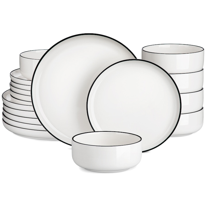 Set de masa 18 piese, Malacasa set farfurii, portelan set vesela, alb crem cu margine neagra, pentru 6 persoane, farfurii si boluri