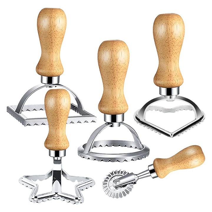 Set 5 forme ravioli, BOMSTOM, inox/lemn, argintiu