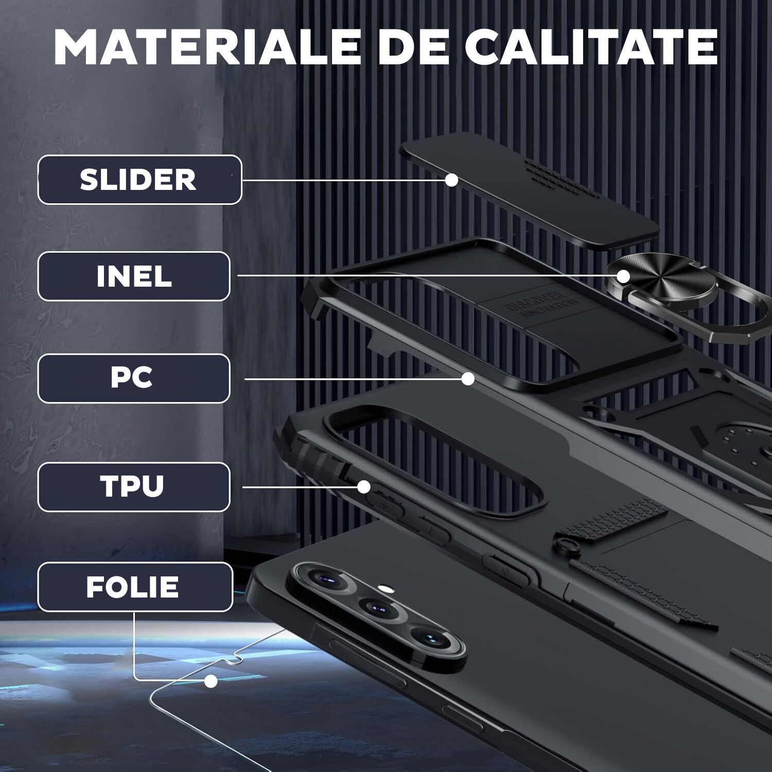 Set Husa plus Folie de protectie pentru Samsung Galaxy A56 DaDen® Hybrid Armor Kickstand, Slider Camera, Antisoc, Protectie Superioara, Sticla securizata, Full cover, Negru