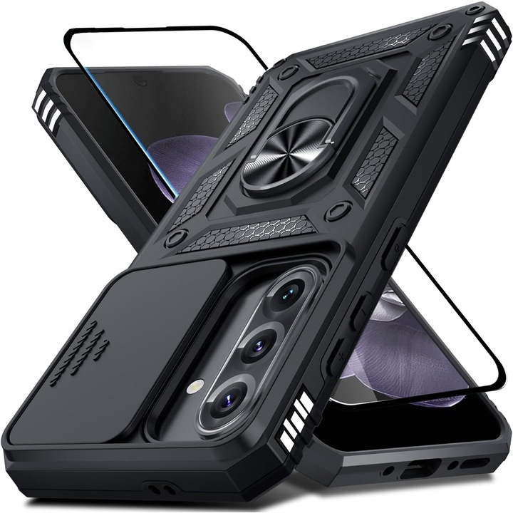 Комплект калъф със защитно фолио за Samsung Galaxy A56 DaDen Hybrid Armor Kickstand, Slider Camera, Anti-shock, Superior Protection, Tempered Glass, Full cover, Black