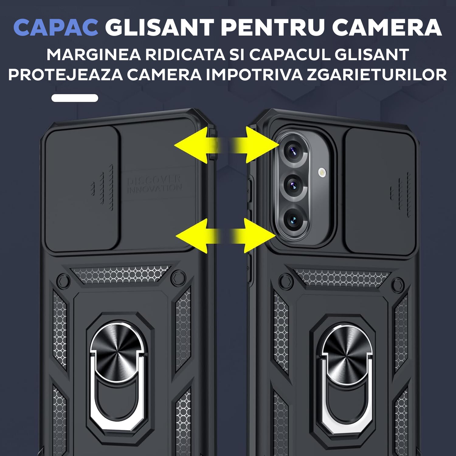 Set Husa plus Folie de protectie pentru Samsung Galaxy A56 DaDen® Hybrid Armor Kickstand, Slider Camera, Antisoc, Protectie Superioara, Sticla securizata, Full cover, Negru