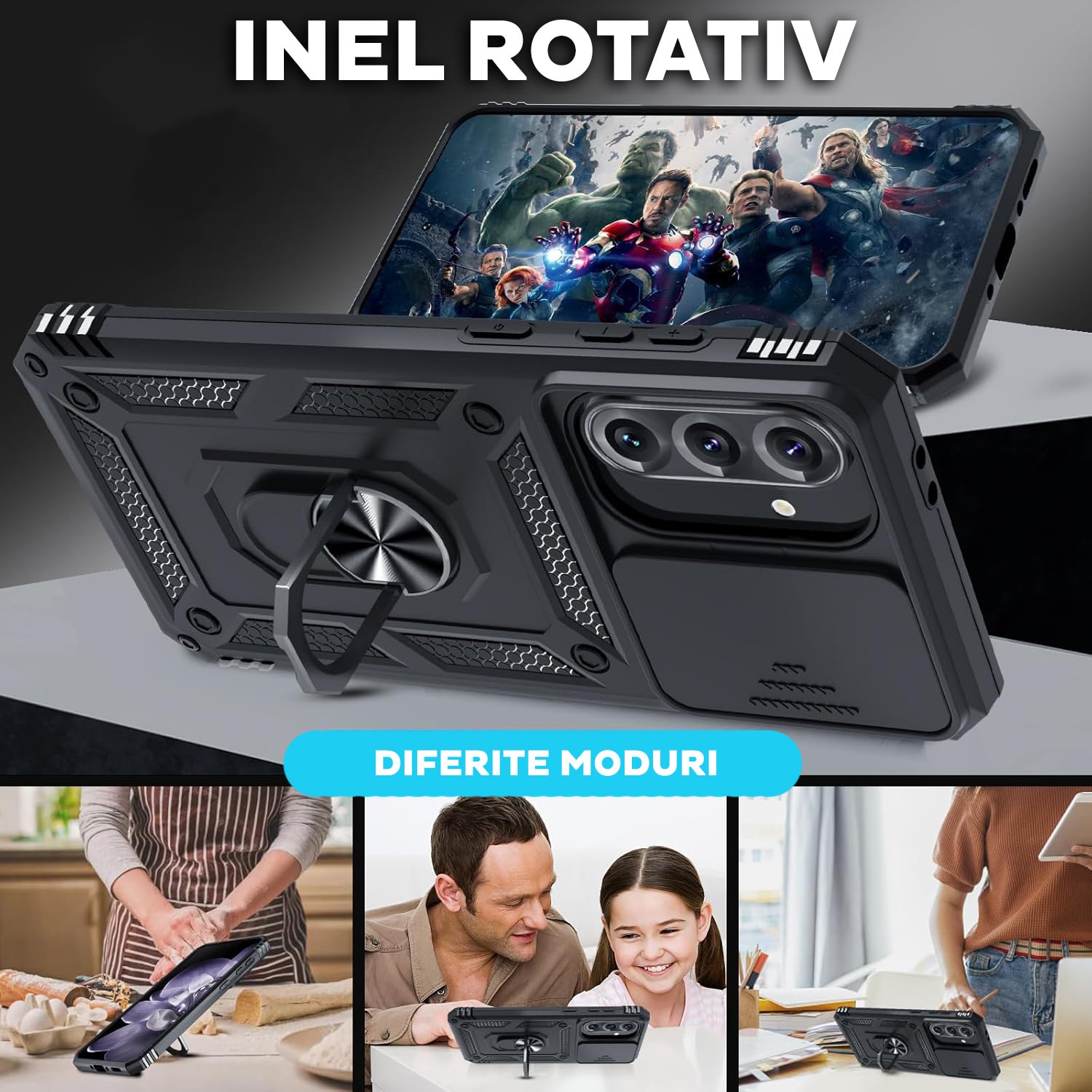 Set Husa plus Folie de protectie pentru Samsung Galaxy A56 DaDen® Hybrid Armor Kickstand, Slider Camera, Antisoc, Protectie Superioara, Sticla securizata, Full cover, Negru