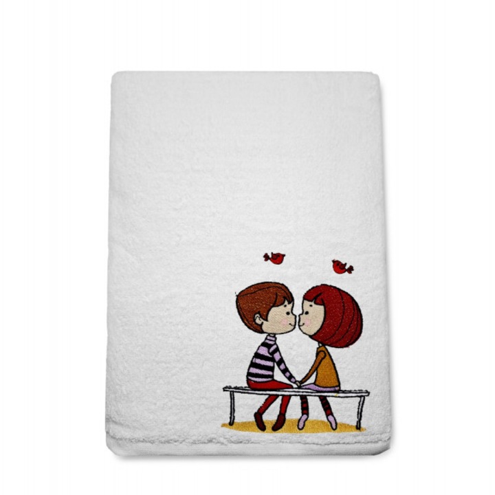 Prosop de Baie Brodat, Hotel Supplier, bumbac 100%, Alb, 70x140cm, 680g/mp – Model Doi Indragostiti pe banca