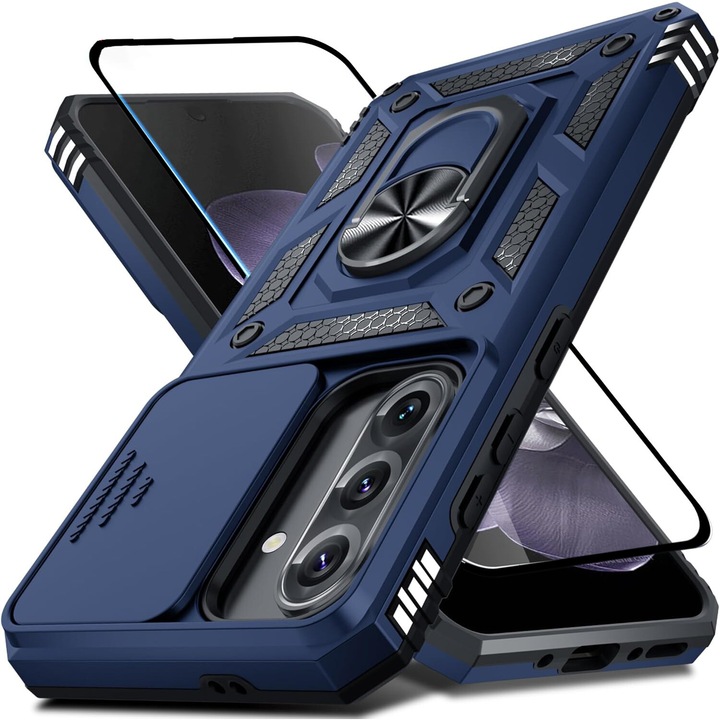 Set Husa plus Folie de protectie pentru Samsung Galaxy A56 DaDen® Hybrid Armor Kickstand, Slider Camera, Antisoc, Protectie Superioara, Sticla securizata, Full cover, Albastru