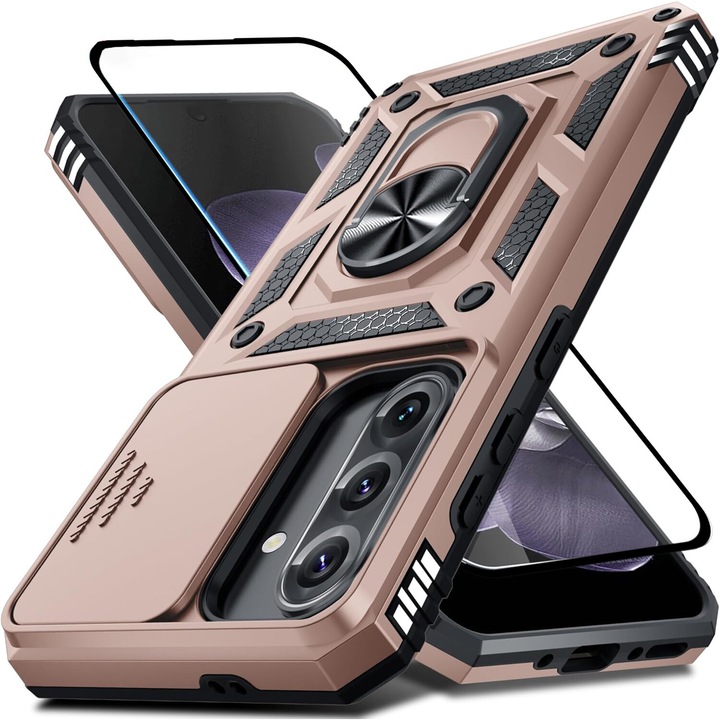 Tok és védőfólia szett, Samsung Galaxy A26-hoz, DaDen Hybrid Armor Kickstand, csúszó kameravédő, ütésálló, kiváló védelem, edzett üveg, teljes fedés, rózsaszín arany