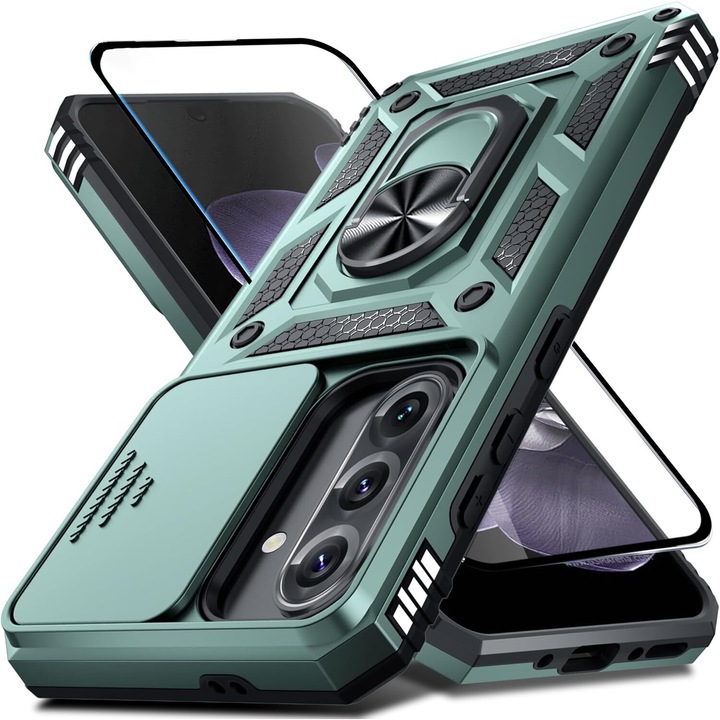Set Husa plus Folie de protectie pentru Samsung Galaxy A56 DaDen® Hybrid Armor Kickstand, Slider Camera, Antisoc, Protectie Superioara, Sticla securizata, Full cover, Verde