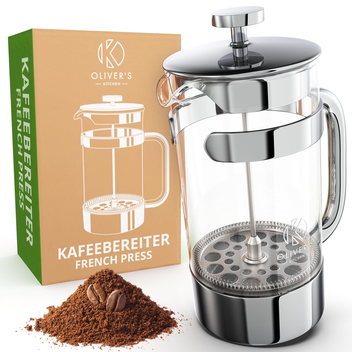 Oliver's Kitchen® French Press 1 litru - Filtru de cafea termoizolator cu perete dublu - Aparat de cafea pentru savurare autentica a cafelei - Rezistent la caldura si practic