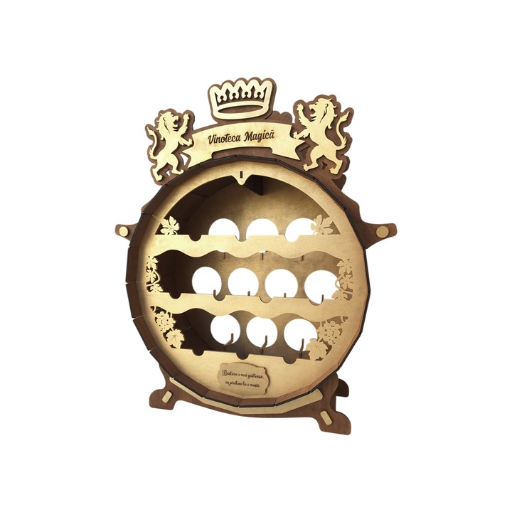 Suport sticle de vin pentru 10 sticle si 8 pahare, maro-auriu, 66x30x79CM