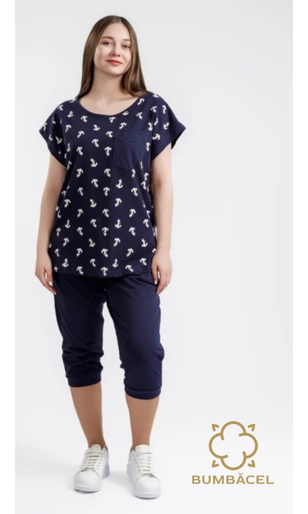 Pijama cu maneca scurta si cu pantaloni pentru dame, Albastru