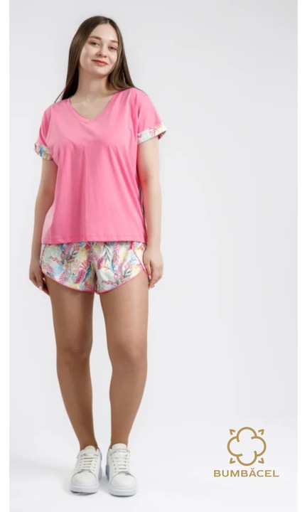 Pijama cu maneca scurta pentru dame si cu pantaloni scurti, Roz