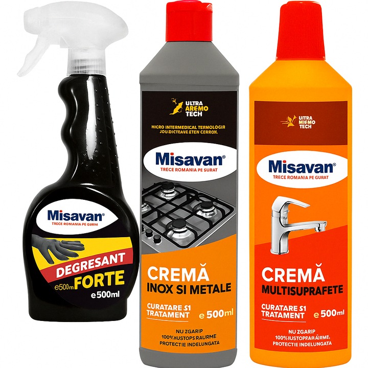 Konyha + rozsdamentes acél tisztítócsomag – Misavan: rozsdamentes acél krém, erős vízkőoldó, több felületű krém (3x500 ml)