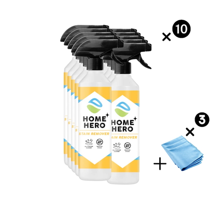 Set 10 x Solutii de Indepartat Pete si Murdarie dificila + 3 Lavete Microfibra tip Fagure, Pachet HoReCa, Stain Remove, Home Hero, 500ml