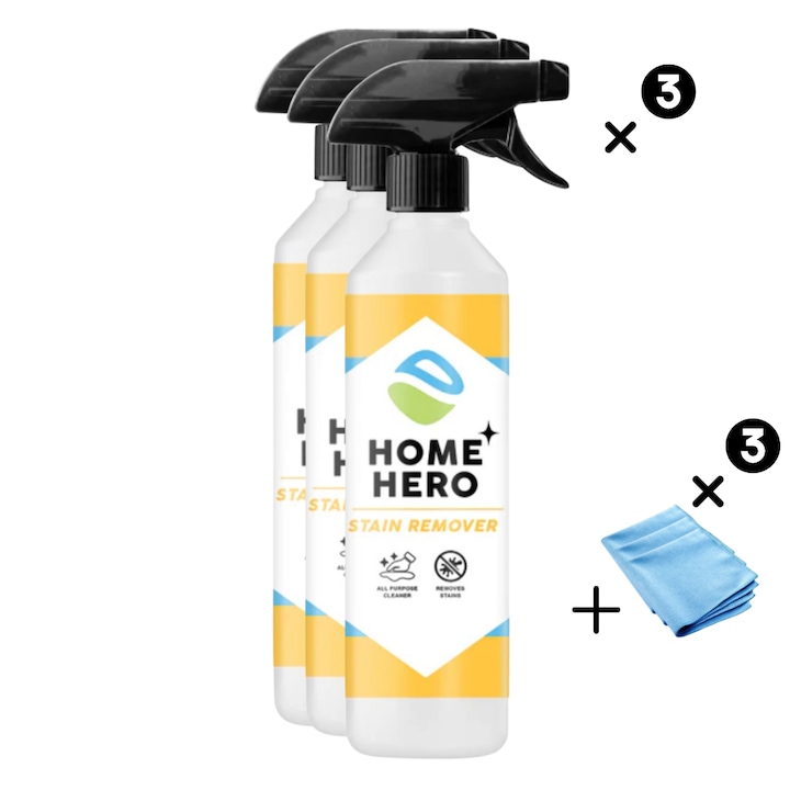 Set 3 x Solutii de Indepartat Pete si Murdarie dificila + 3 Lavete Microfibra tip Fagure, Pachet HoReCa, Stain Remove, Home Hero, 500ml