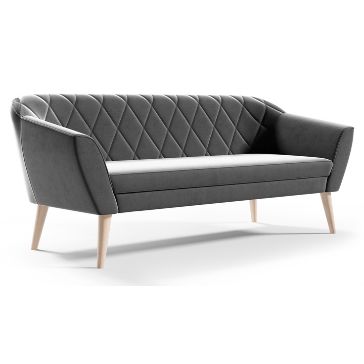 Sofa 3 persoane Sofello GLORIA, gri, dimensiuni 180x75x74cm, picioare din lemn de fag 21cm
