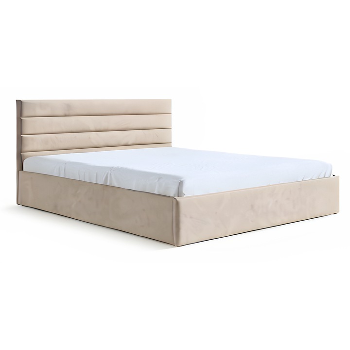 Pat tapitat Sofello BELLA II 90x200, cu suport metalic, cuier pentru lenjerie, bej