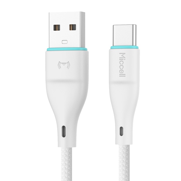 Cablu alb Miccell USB la USB-C, 1M, incarcare rapida 2.4A, USB 2.0, cu invelis ABS si fir PVC durabil. Ideal pentru incarcarea si sincronizarea dispozitivelor cu port USB-C
