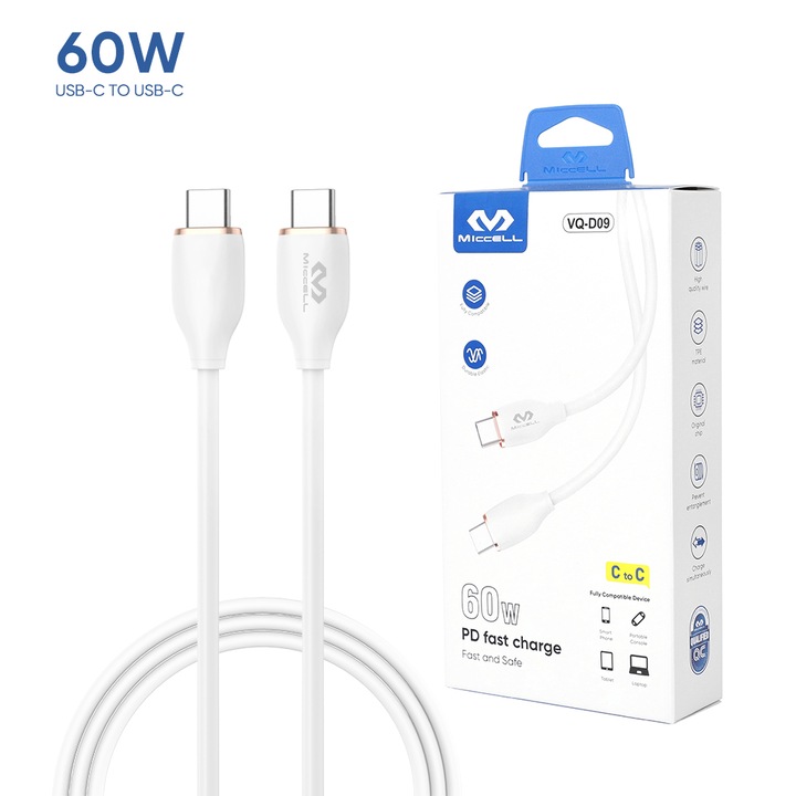 Cablu alb, Miccell, USB-C la USB-C, 1.5M, 3A, cu invelis TPE si fir din cupru de calitate, ideal pentru incarcare rapida si utilizare zilnica