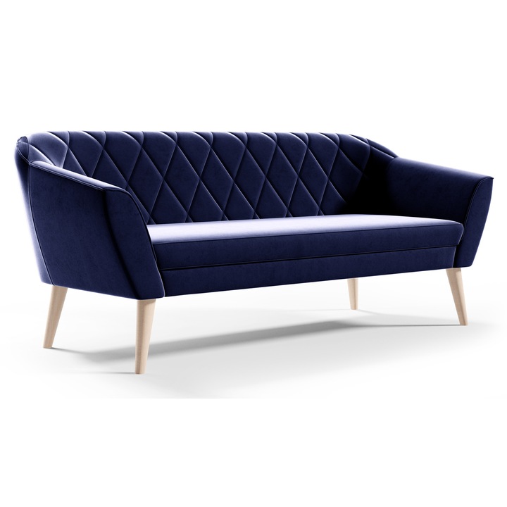Sofa 3 persoane Sofello GLORIA, culoare albastru, dimensiuni 180x75x74cm, picioare din lemn de fag 21cm