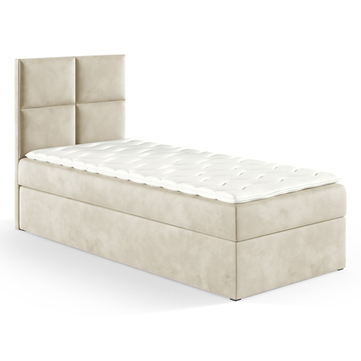 Pat continental GOBI Box, 90x200cm, cu 2 containere pentru lenjerie, tapiterie din material velvet, culoare bej