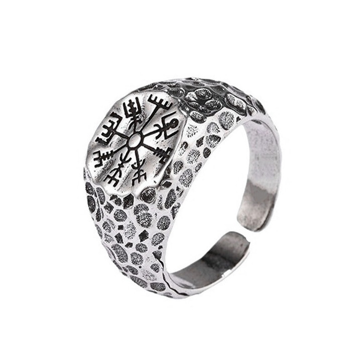 Inel Viking cu Busola si Rune, Aliaj, Ajustabil, Texturat