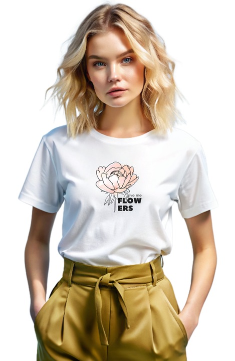 Vexor-Tricou dama casual bumbac, Give me flowers, Alb