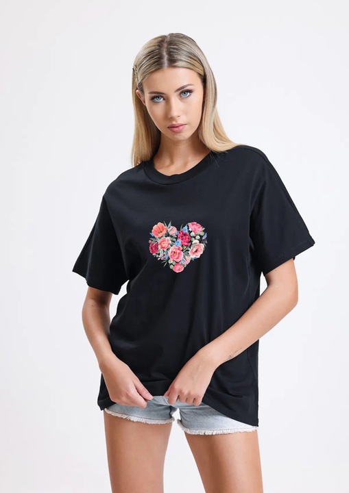 Vexor-Tricou dama minimalist bumbac, Heart of Flowers, Negru