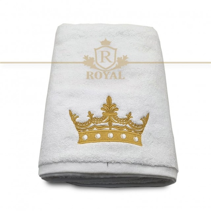 Prosop de Baie Brodat, Hotel Supplier, bumbac 100%, Alb, 70x140cm, 680g/mp – Model Coroana 3