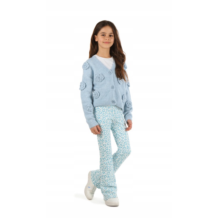 Pantaloni copii, KROPEK, jambiere evazate, imprimeu leopard colorat, albastru, bumbac