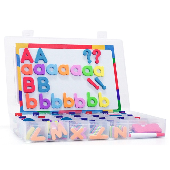 Set educativ 238 piese, litere si numere magnetice, tabla magnetica dubla fata, cutie de depozitare, multicolor, pentru copii 4-8 ani