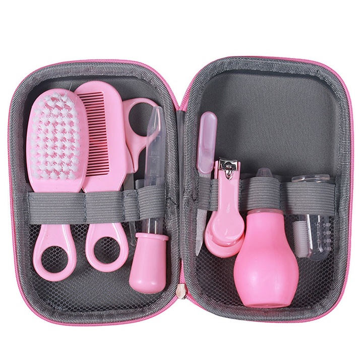 Babaápoló készlet, 8 részes, CAKMGER, rózsaszín, hordozható tárolódoboz