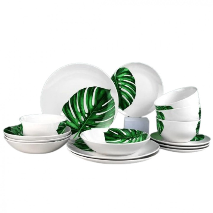 16 darabos étkészlet, Frunza modell, 4 fő részére, zöld árnyalatok, elegáns étkezéshez ideális