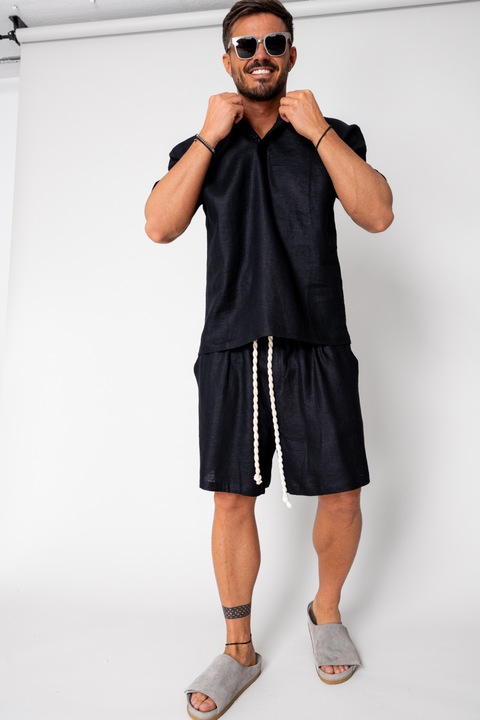 Комплект ленена риза и къс панталон Черен 16183, Черен