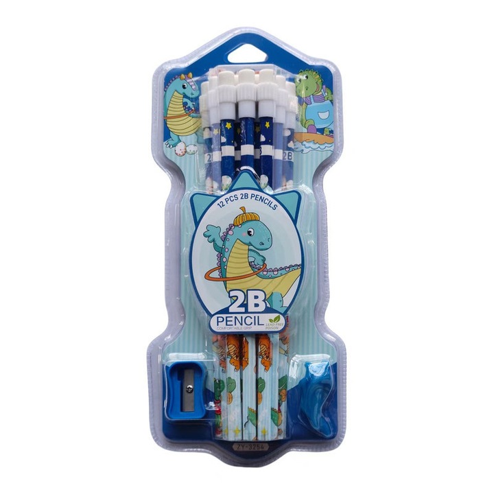 2B Моливи с острилка, 12 бр./кутия, светлосин динозавър