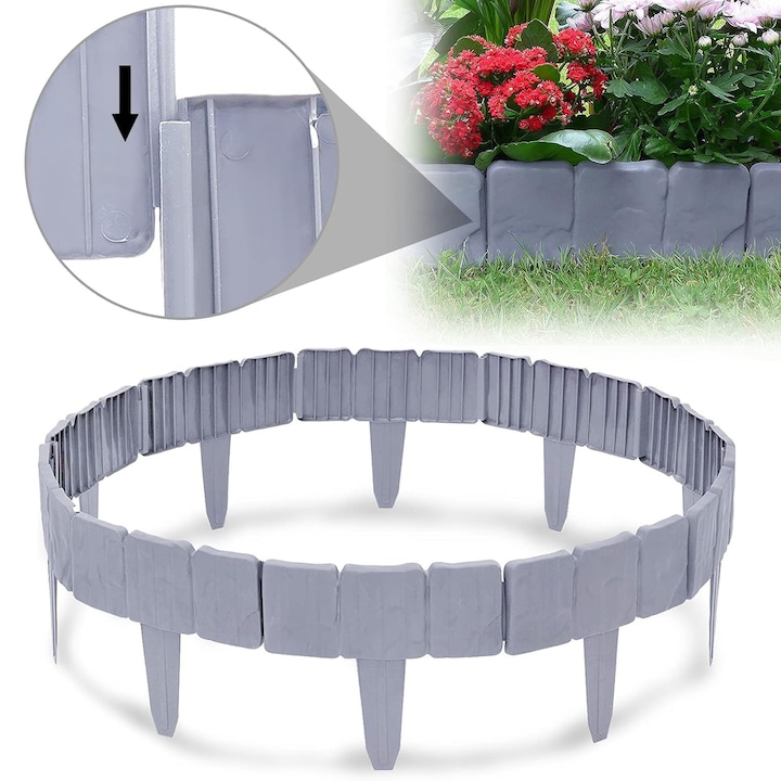Bordura de gradina Dussdote, 10 bucati, plastic, gri, 25x23cm, Gardulet decorativ Garden Classic, Bariera decorativa gazon, panou peisagistic Dussdote