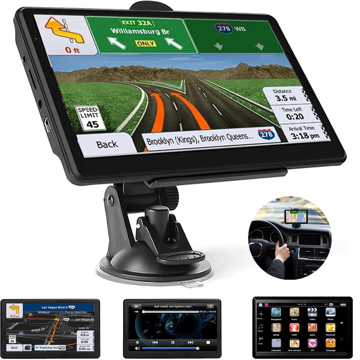 Dispozitiv GPS de navigatie auto, ecran tactil HD de 7", 256 MB RAM, memorie interna de 8 GB, 17 cm, negru