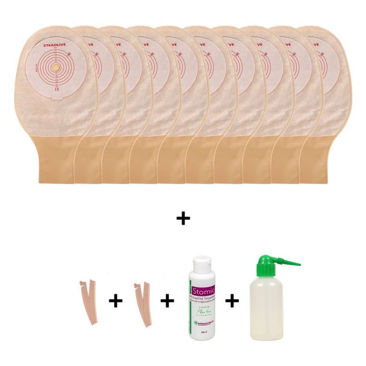 Pachet colostomie/ileostomie ADHESSIVE cu 10 saci Steadlive 20-70 mm, evacuare, filtru, opaci, + 2 cleme inchidere +1 Stomic cu Aloe Vera + 1 recipient spalare interior saci