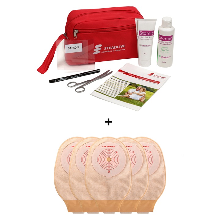 Kit STEADLIVE OSTOMY pentru lipirea pungilor de colostomie/ileostomie+ 5 pungi Steadlive 10-70 mm, cu evacuare, filtru, opace, inchidere velcro