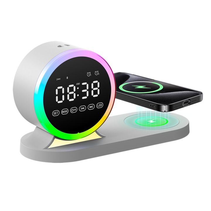Часовник 4 in 1, Смарт, Многофункционален, Дигитален, Безжично зареждане на телефон, Bluetooth, Нощна светлина, Настройка на алармата, Вграден високоговорител, RGB LED лампа, 8 режима на осветяване, 256 амбиентни светлини, Бял