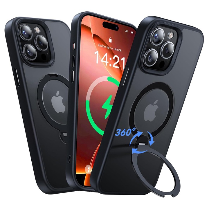 Магнитен калъф за iPhone 15 PRO, MobileSmart, Военна удароустойчива защита, 360° въртящ се MagSafe държач, Черен