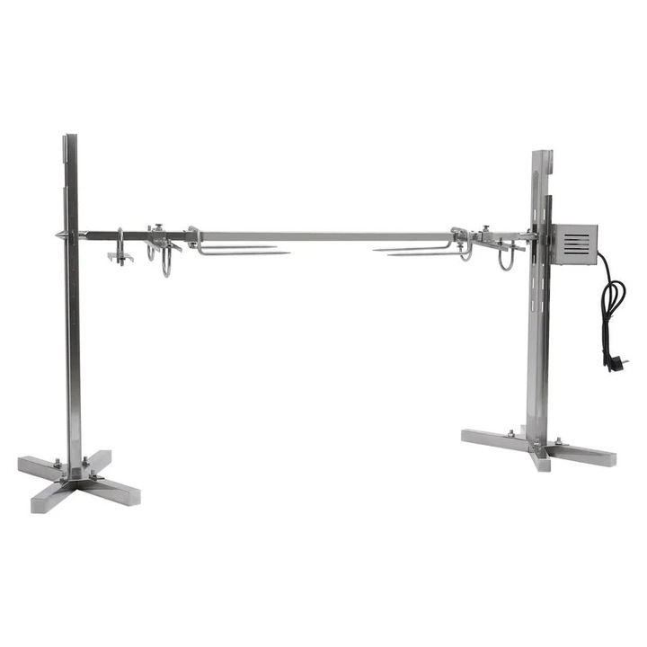 Комплект стойки за грил от неръждаема стомана с шиш, регулируема височина, въртене на 360 градуса, товароносимост 40 кг, сребрист