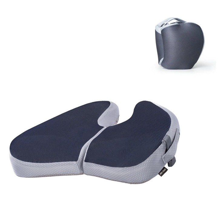 Perna ortopedica sezut, spuma cu memorie, husa lavabila, respirabila si antialunecare, Arka Chairs MCS14, protectie zona Lombara, Sciatica, Dureri de sold, Hemoroizi, gri textil, 47 x 38 cm