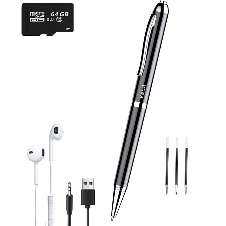 Вграден шпионски рекордер, 64 GB, лесен за работа, преносим дизайн, процес на галванопластика, намаляване на шума, поддръжка за възпроизвеждане на MP3, черен