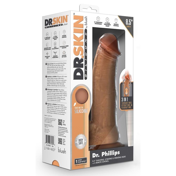 Dildo DR.SKIN Dr. Philips, 21.6cm, 9 functii de vibratie, baza cu ventuza