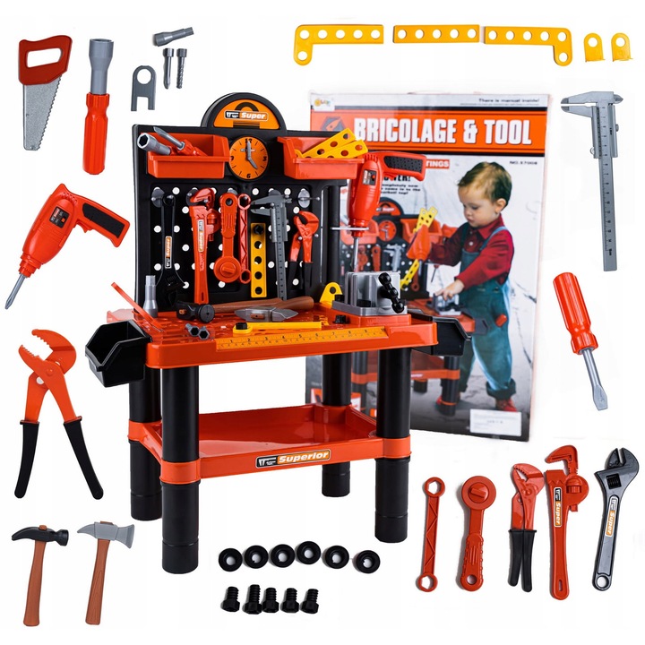 Комплект за работилница Landtoys, с електрически инструменти, черно-оранжев, 58x33x68 см