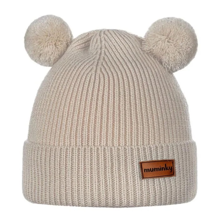 Caciula copii Muminky, model cu urechi de urs, 100% lana merino, bej, marimea 46