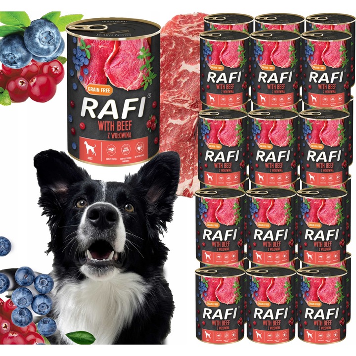 Rafi nedves kutyatáp, áfonya\áfonya\tőzegáfonya ízű, 24 konzerv x 400 g