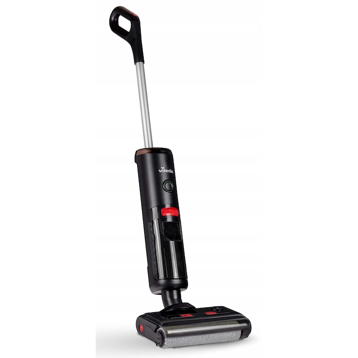 Прахосмукачка, Vileda Pure Clean S5 Plus, безжична, 3 в 1, черно/червено, 28.5x27.5x110.5 см, 2 филтъра и 2 ролки