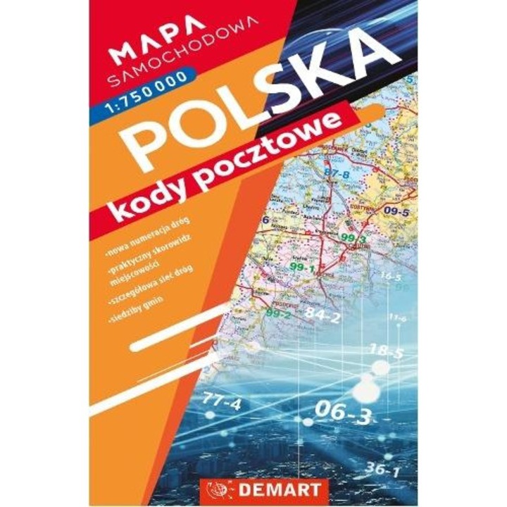 Harta auto a Poloniei, Demart, cu coduri postale, 230x120mm, brosata, 2025